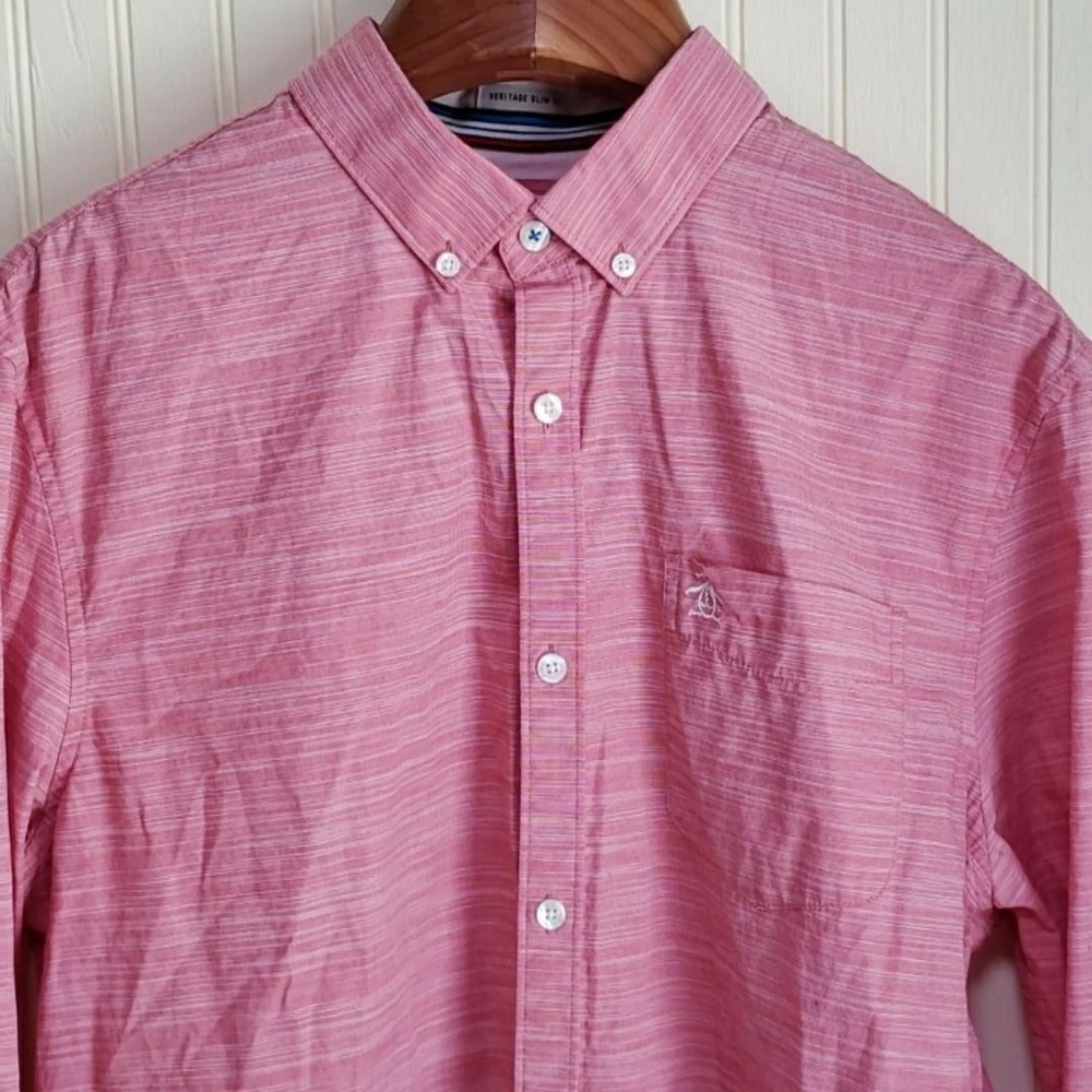 Penguin Shirt Mens Large Pink Stripe Long Sleeve‎ Button Down Slim Fit Casual